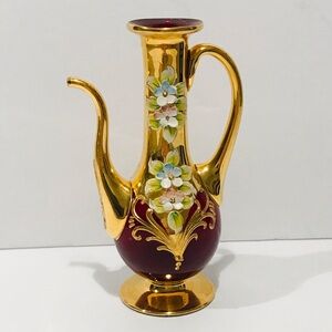 TreFuochi Venice Murano Glass Small Pitcher Red Ruby Gold 24K 5” Tall
